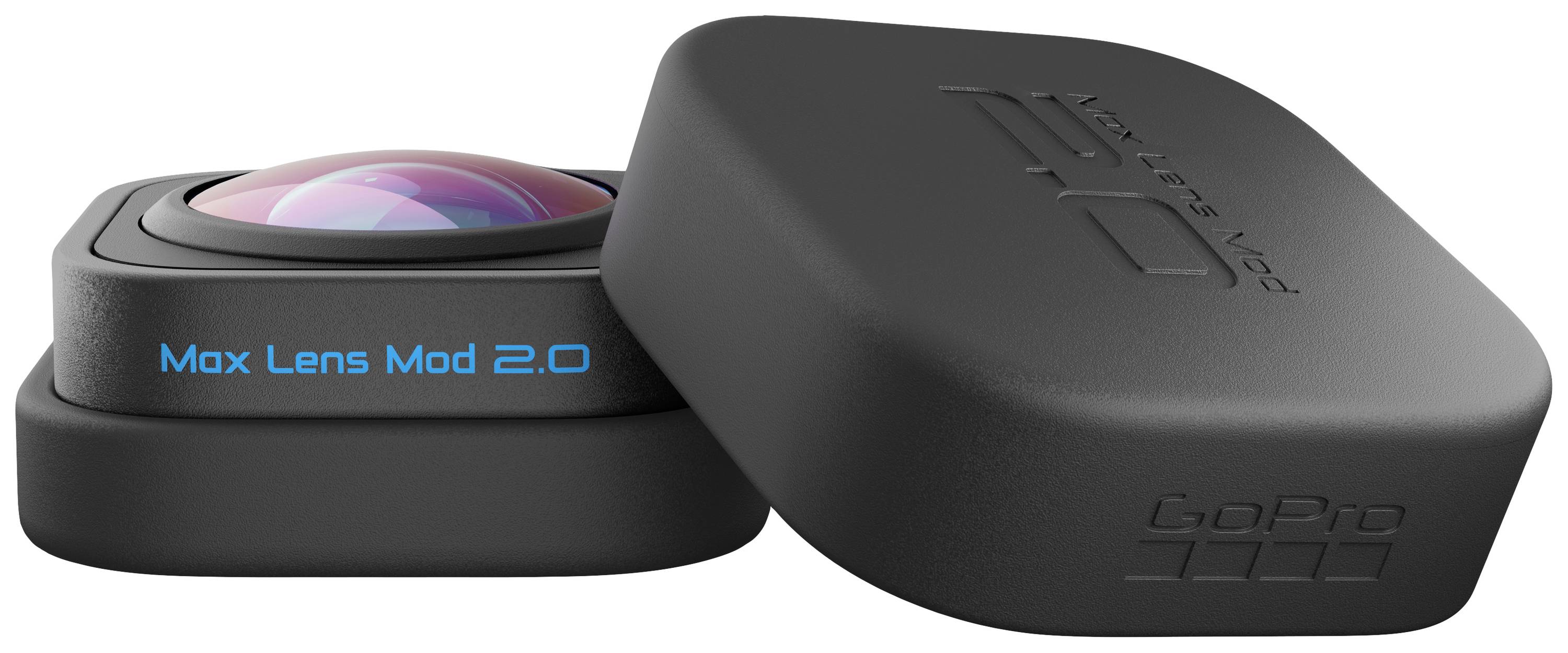GoPro Max Lens Mod 2.0. Twee zwarte lensdeksels, waarvan er één de lens toont en de andere het opschrift 'Max Lens Mod 2.0' draagt.