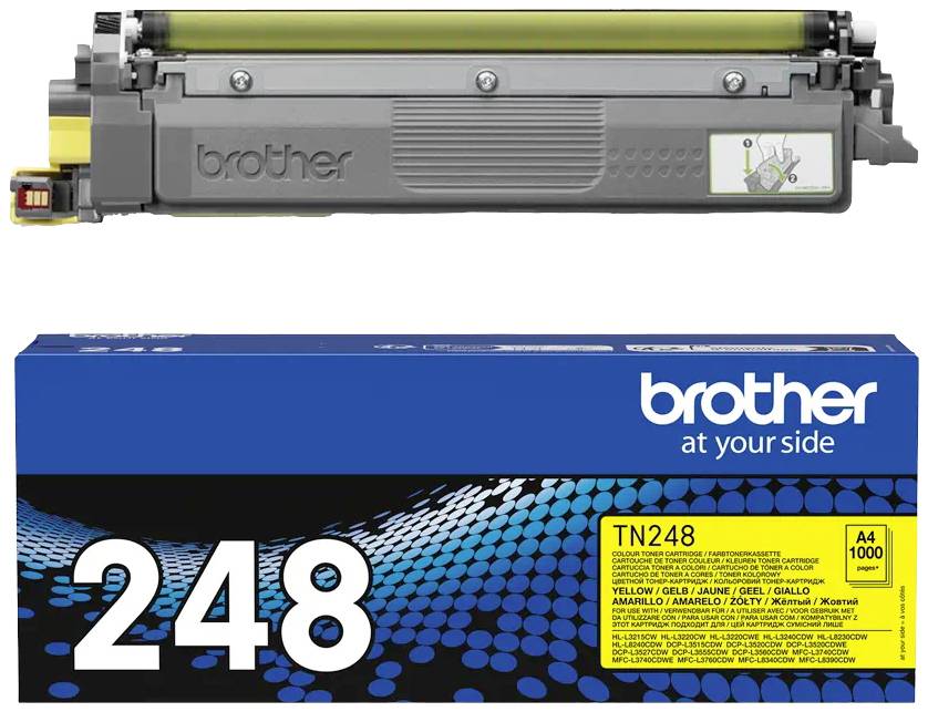 Een gele Brother printercartridge TN-248 met verpakking, geschikt voor A4-afdrukken, aangegeven voor maximaal 1000 pagina's.