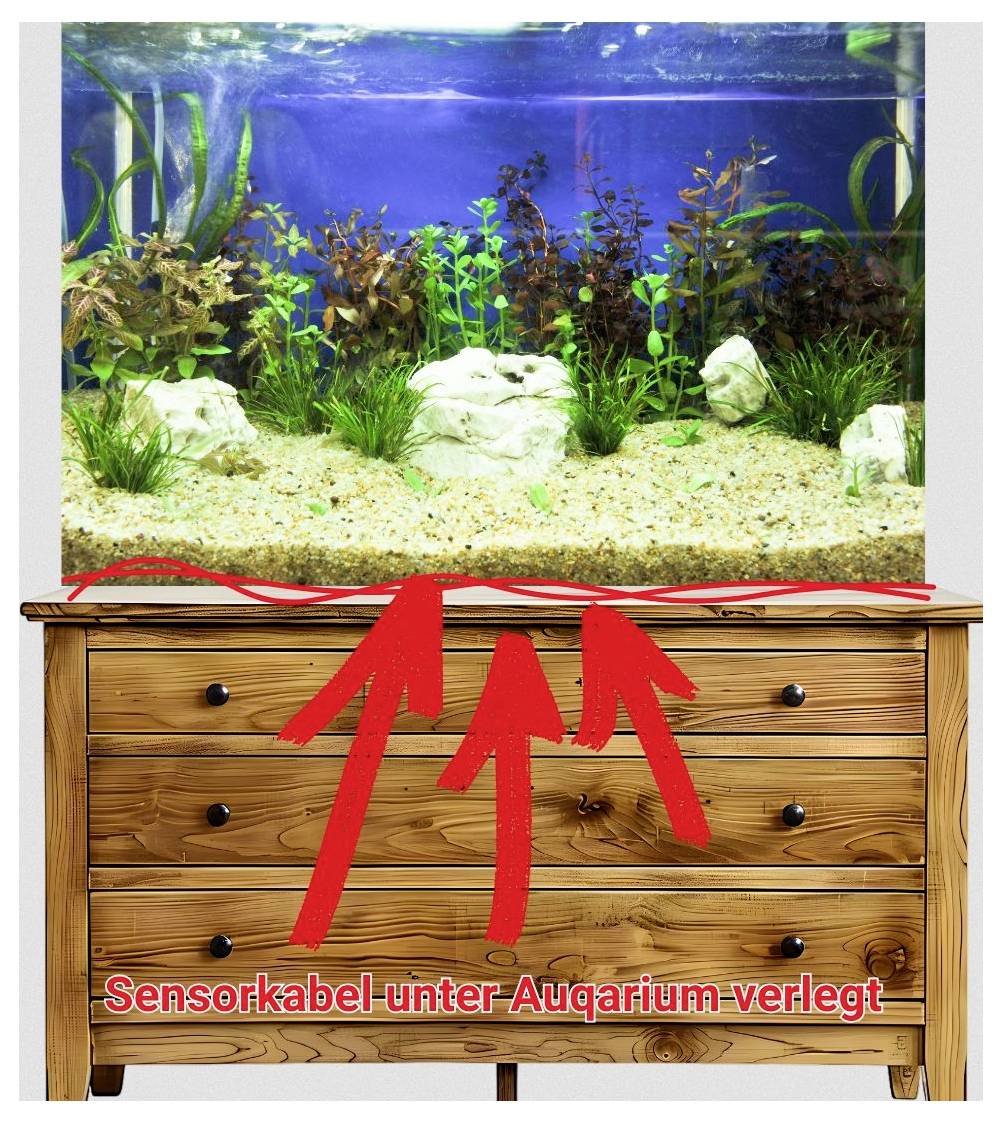 Aquarium met planten op houten tafel. Rode pijlen wijzen naar 'Sensorkabels onder aquarium aangelegd'.