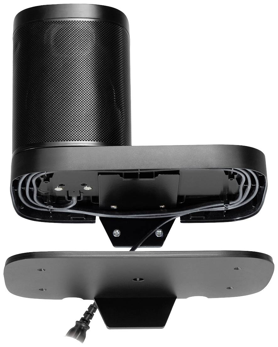 Wandsteun voor speakers in zwart, toont kabelmanagement. Voorkant met speaker, achterkant verbergt kabelaansluitingen.