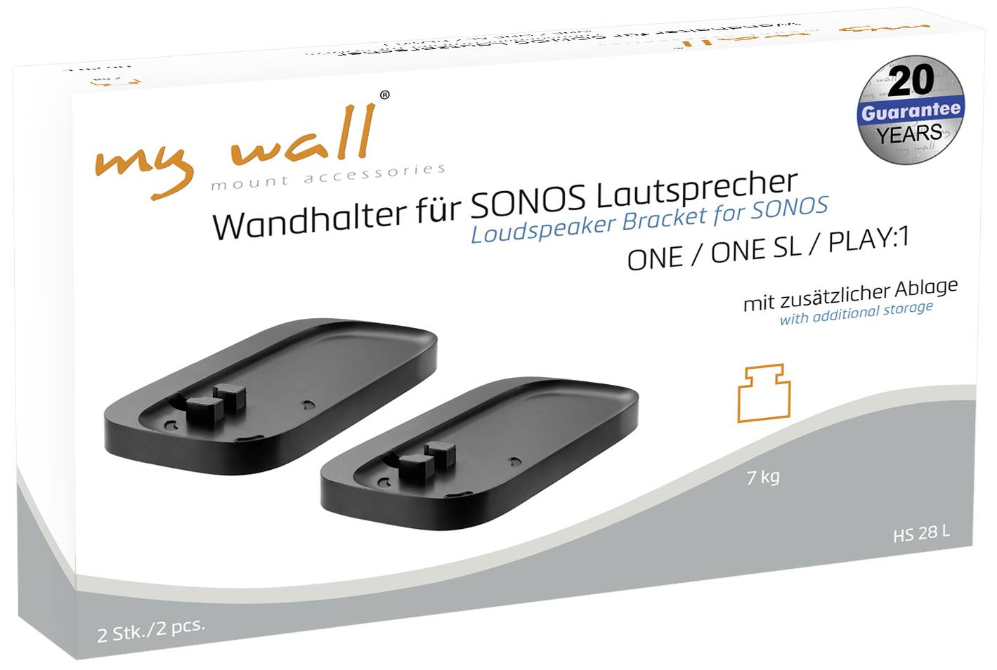 'Wandhouder voor SONOS speakers ONE/ONE SL/PLAY:1 met extra plank, draagt 7 kg, 2 stuks, 20 jaar garantie.'
