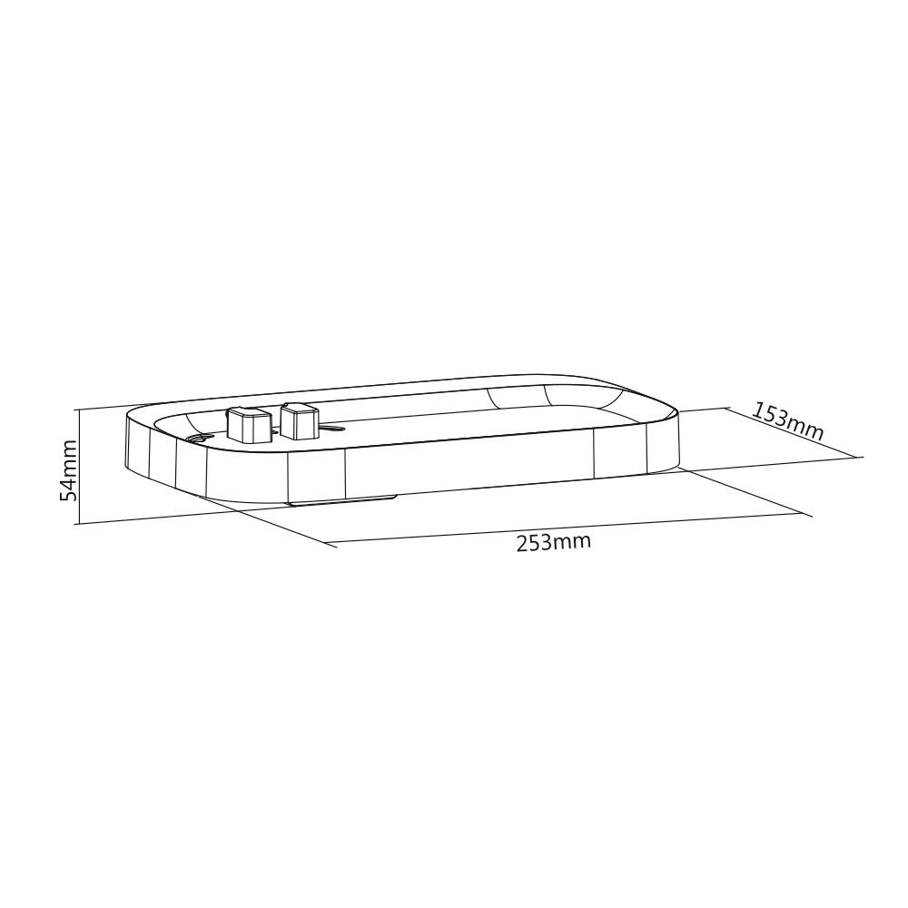 Technische tekening van een rechthoekige opbergbak met de volgende afmetingen: 253 mm lengte, 153 mm breedte, 54 mm hoogte. Bevat twee rechthoekige verhogingen.