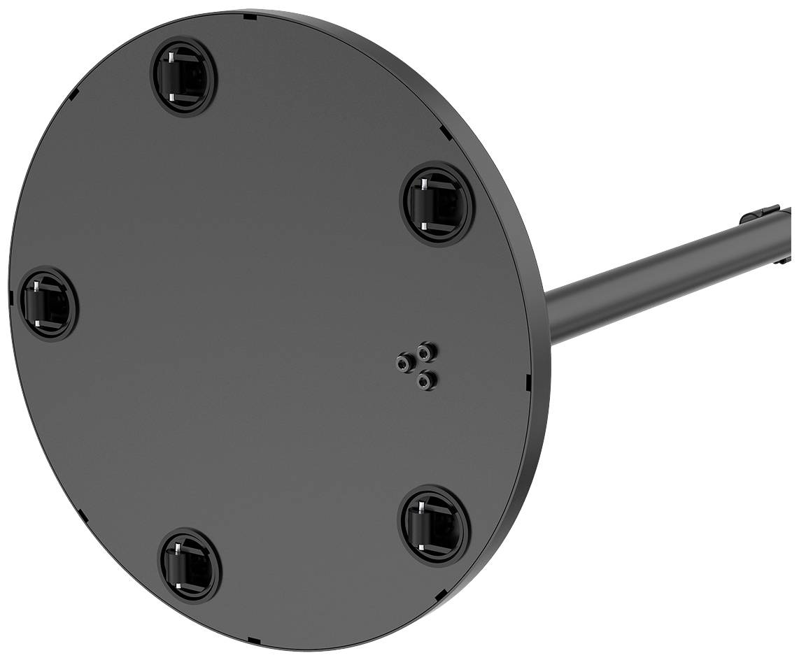 Ronde zwarte metalen basis met zes gelijkmatig verdeelde schroefbevestigingen en een aangesloten cilindrische staaf.