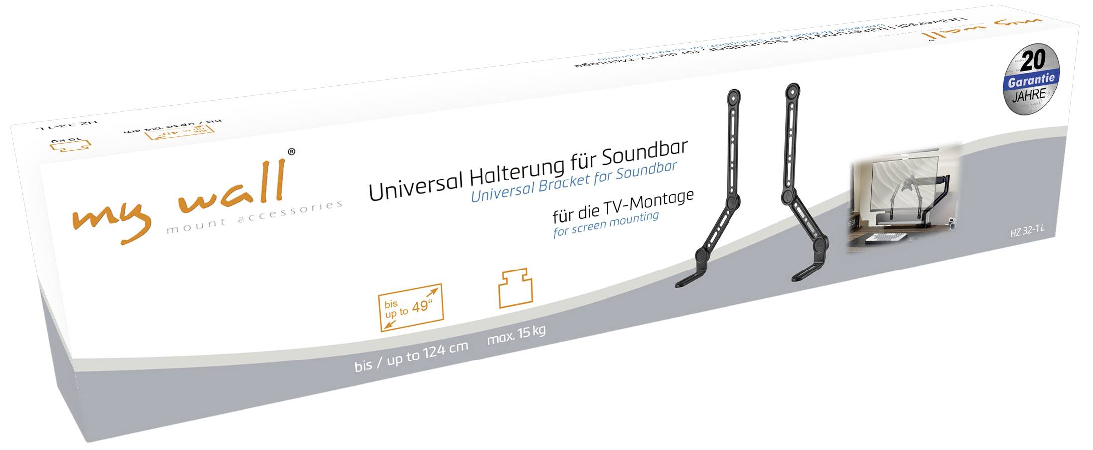 'Universele houder voor soundbar voor tv-montage, geschikt tot 15 kg met 20 jaar garantie. Getoond met televisie en bevestigingsbeugels.'