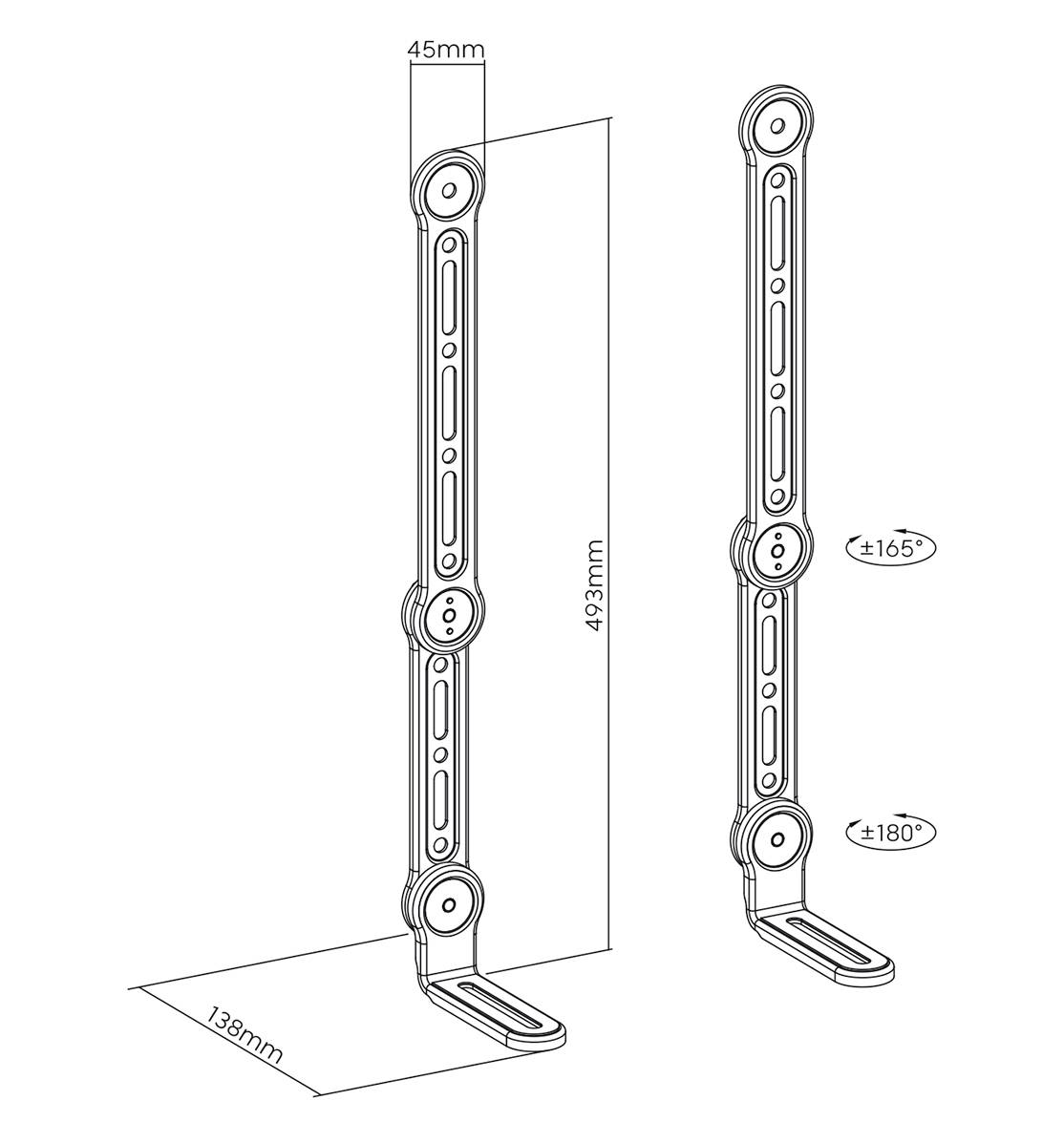 'Diagram van twee verstelbare metalen hoeken. Afmetingen: 138 mm, 493 mm hoogte, 45 mm breedte. Hoeken: 165° en 180°.'
