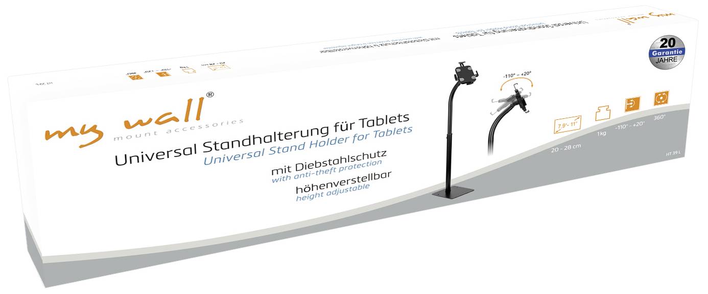 Verpakking van een universele tabletstandaard met diefstalbeveiliging en hoogteregeling, 20 jaar garantie, merk 'my wall'.