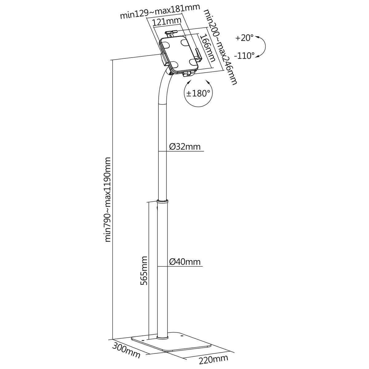 'Tekening van een in hoogte verstelbare tabletstandaard met draaibare kop. Afmetingen: hoogte 790-1090 mm, voet 300x220 mm, buisdiameter 32 mm, 40 mm. Tablethouder kantelbaar van -20° tot +110° en draaibaar over 180°.'