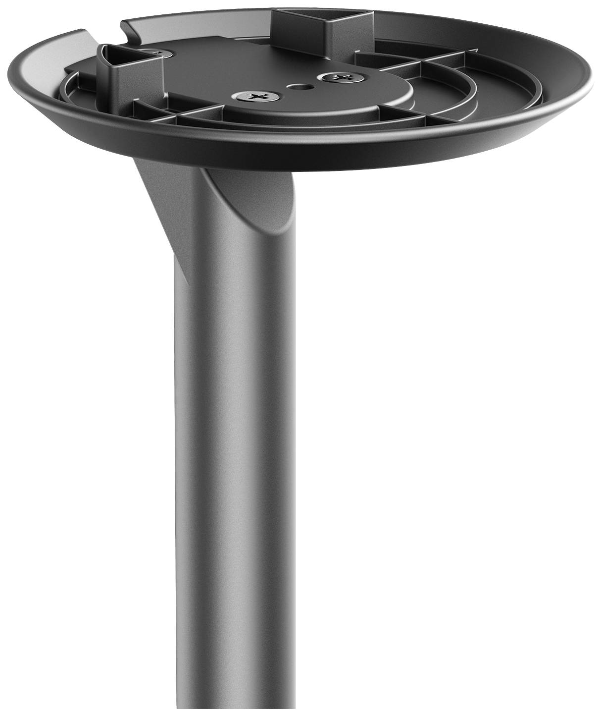 Een zwarte metalen standaard met een rond, plat bord bovenaan, dat dienst doet als basis voor de opbouw van een voorwerp.