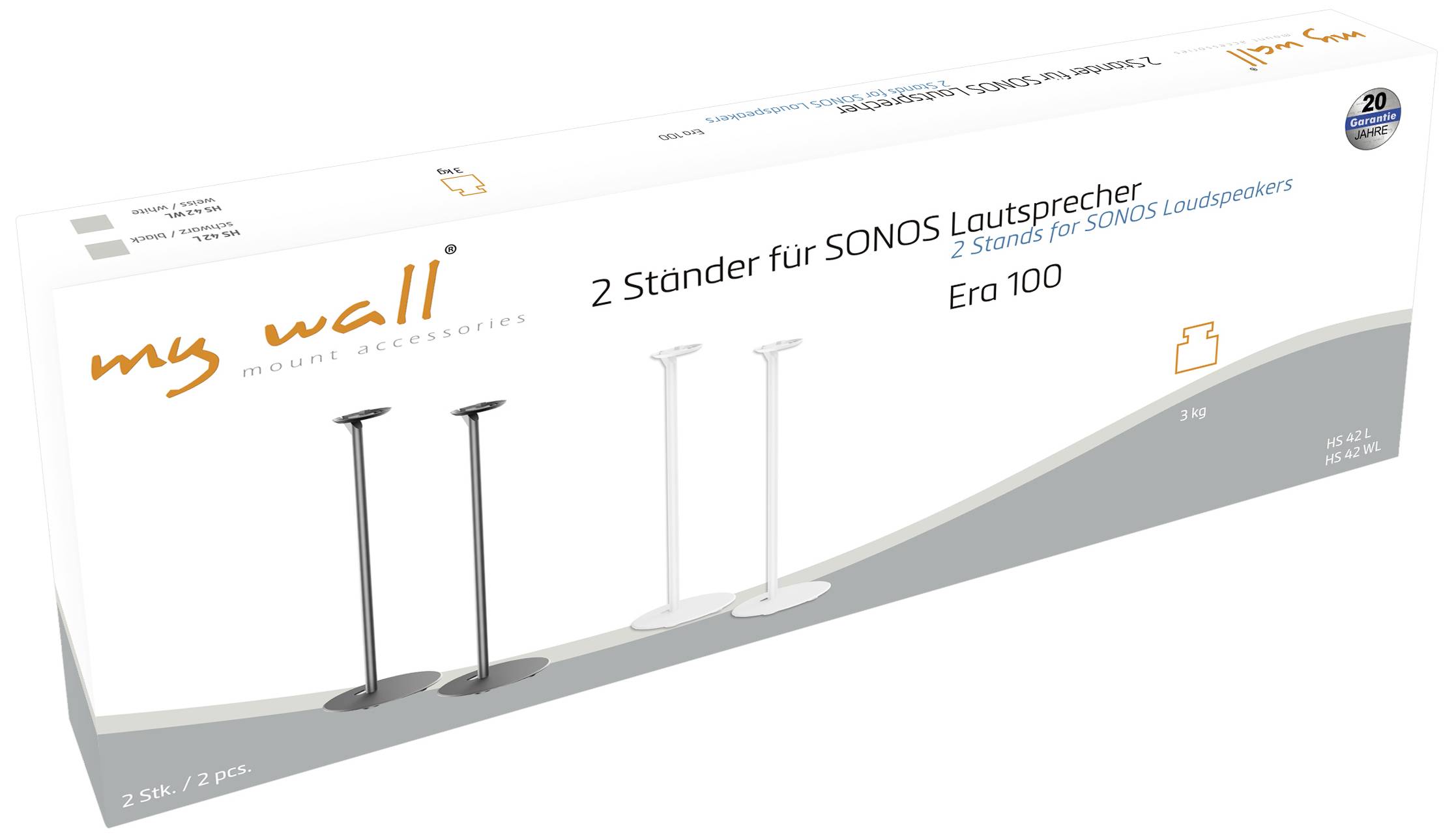 'Twee standaards voor SONOS speakers' toont afbeelding van productverpakking met weergave van de speakerstandaards in zwart en wit.