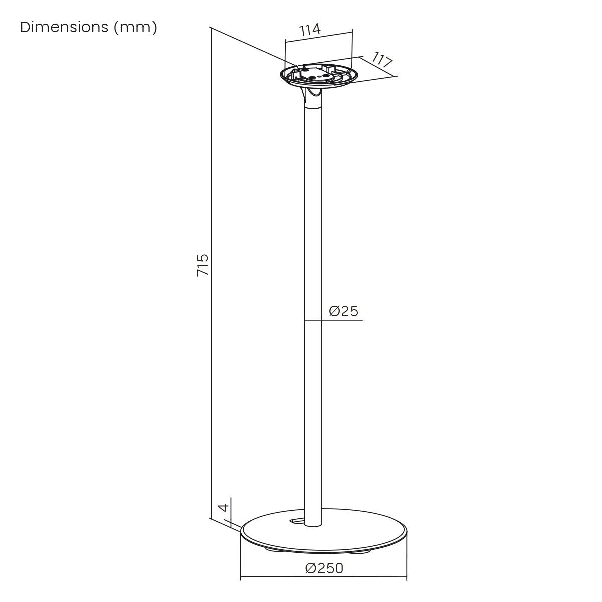 Technische schets van een staande lamp met afmetingen. Hoogte 715 mm, voetdiameter 250 mm, bovenste component 114 mm diameter.