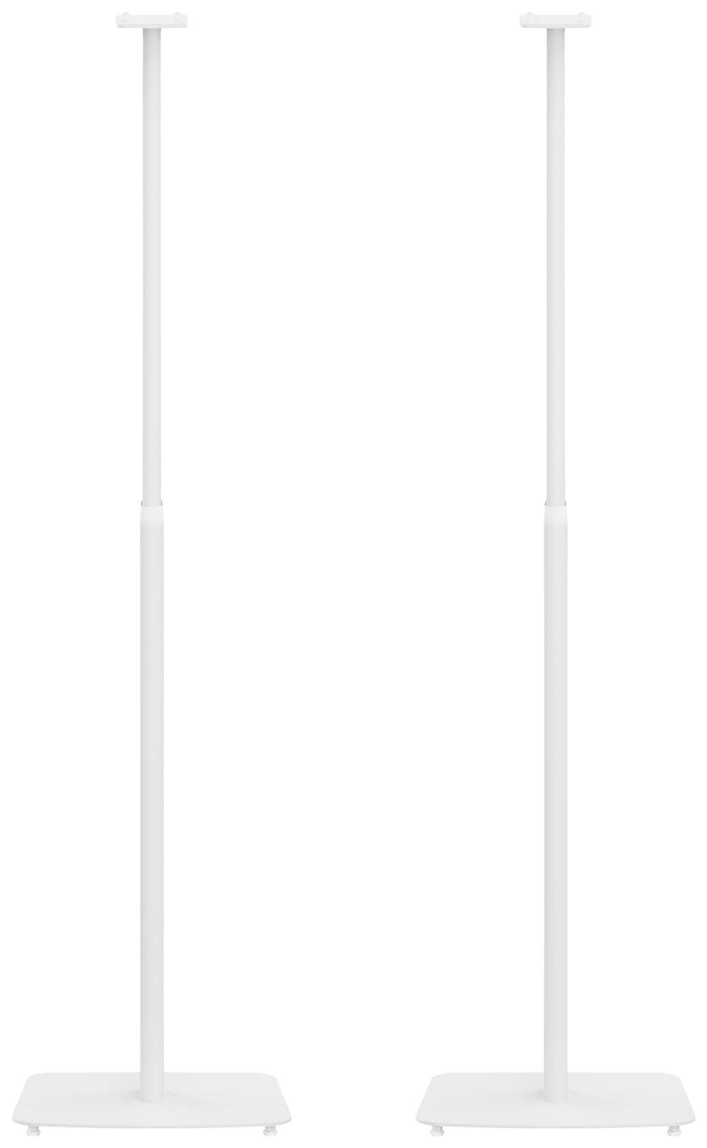 Twee witte, slanke standaards met vierkante voetplaten, ideaal voor het ondersteunen van luidsprekers of andere apparaten.