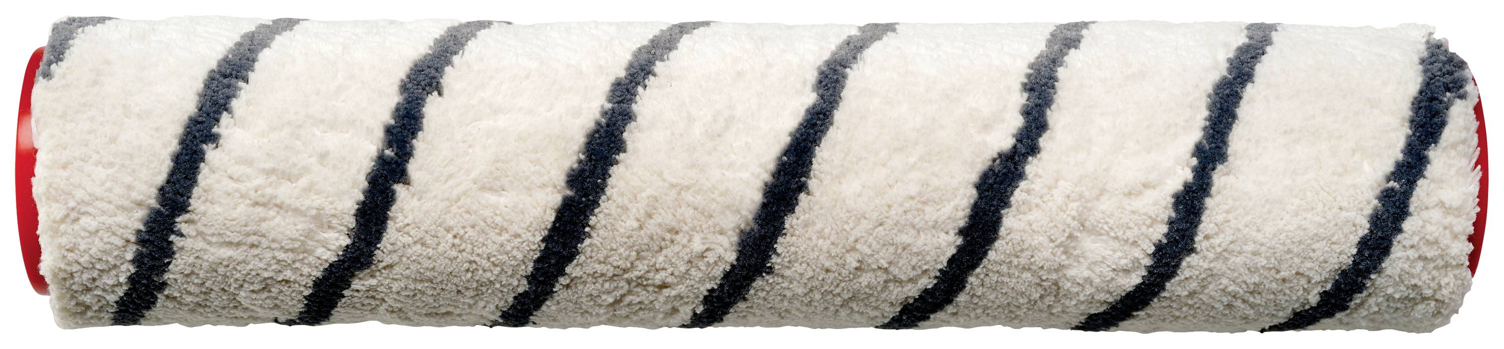 Een kleurwals met een crèmewitte sluier en zwarte diagonale strepen, gebruikt voor het gelijkmatig aanbrengen van verf op oppervlakken.