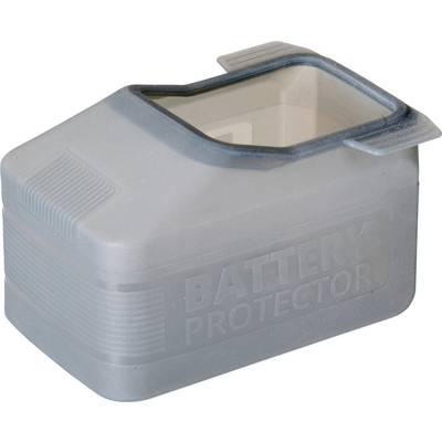 Een grijze batterij-beschermkap met een transparant bovendeel, gebruikt om batterijaansluitingen te beschermen tegen vuil en vocht.