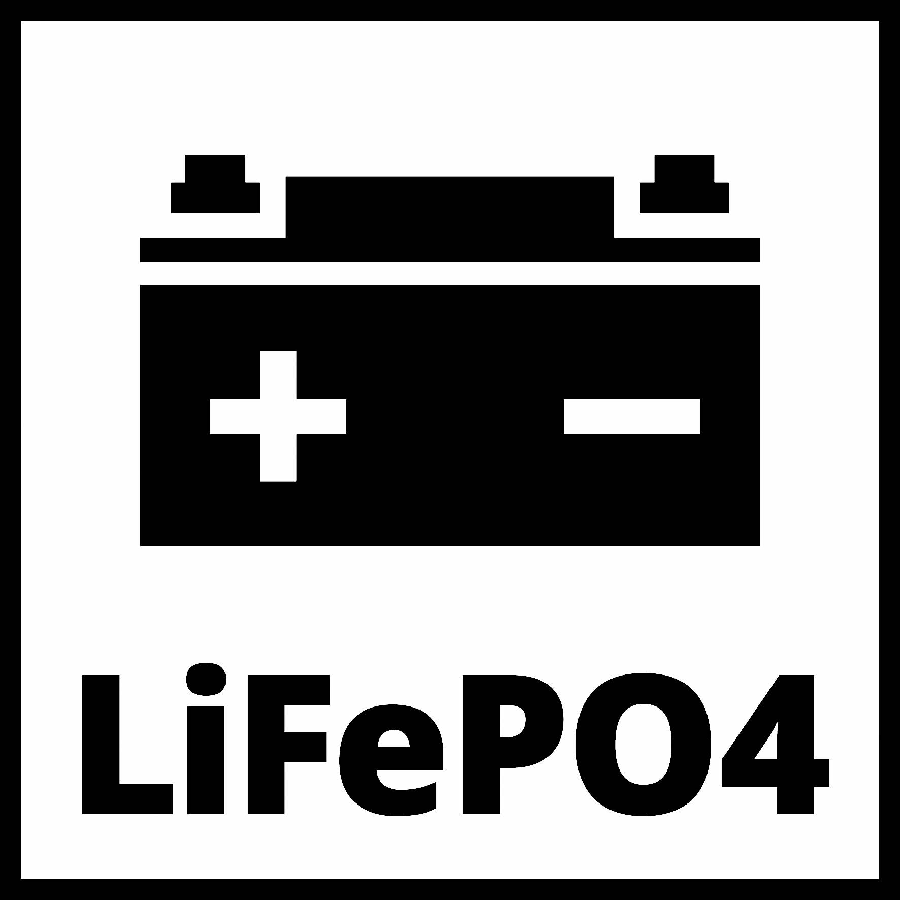 Accusymbool met plus- en minuspolen erboven, 'LiFePO4' eronder. Symboliseert een lithium-ijzerfosfaataccu.