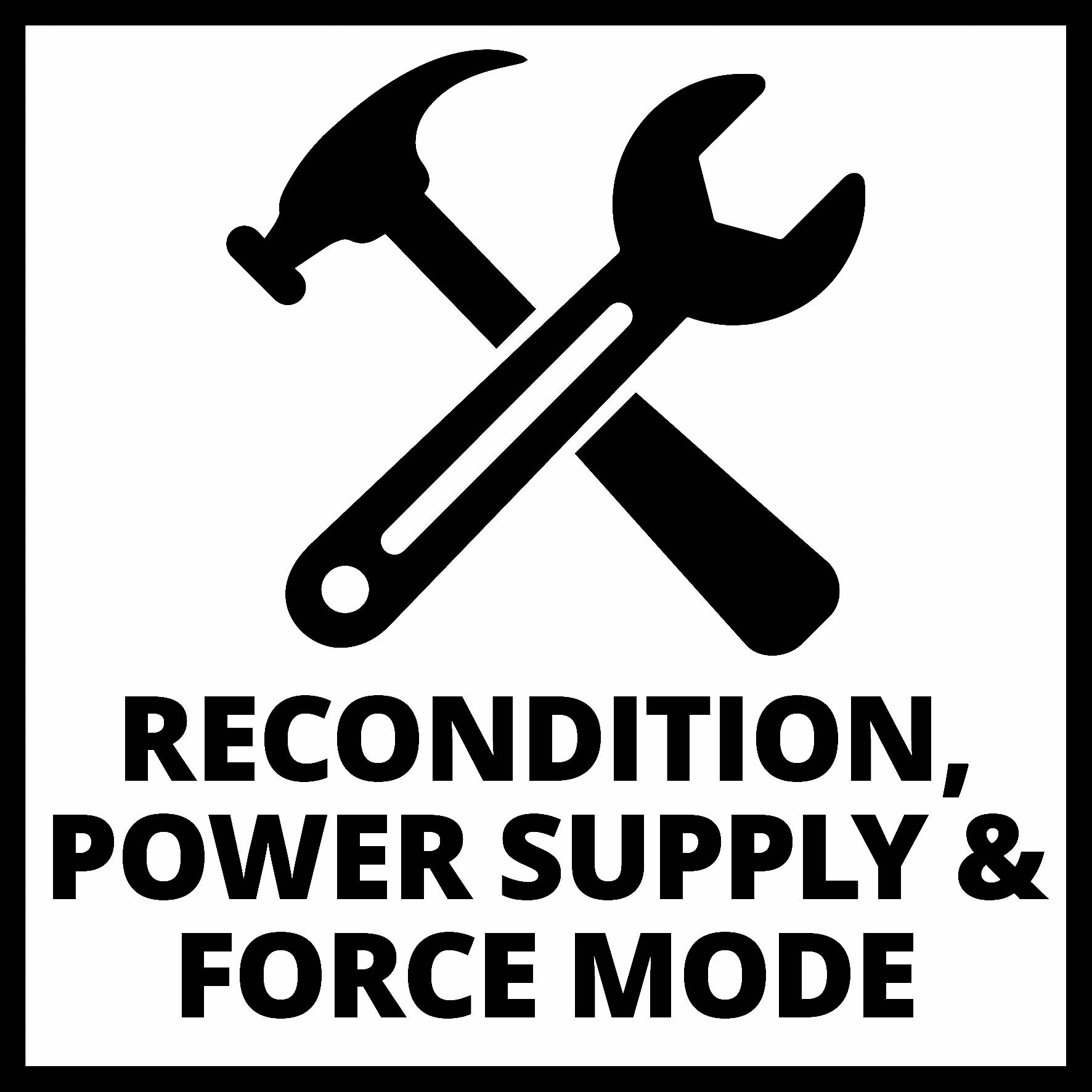 Een symbool met een hamer en een moersleutel met daarboven de tekst: 'RECONDITIONEREN, VOEDING & FORCEMODUS'.