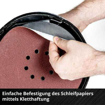 Ronde schuurschijf wordt met klittenband op schuurplateau bevestigd. Tekst: 'Eenvoudige bevestiging van schuurpapier door middel van klittenbandhechting'.