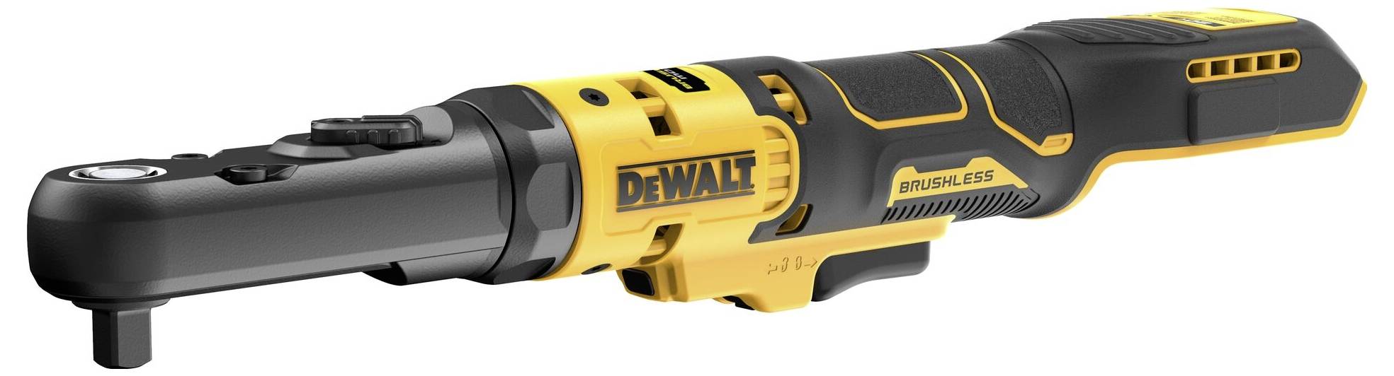 Elektrische ratel-steeksleutel met DeWalt-logo, draadloos, borstelloze ontwerp, voornamelijk in zwart en geel.