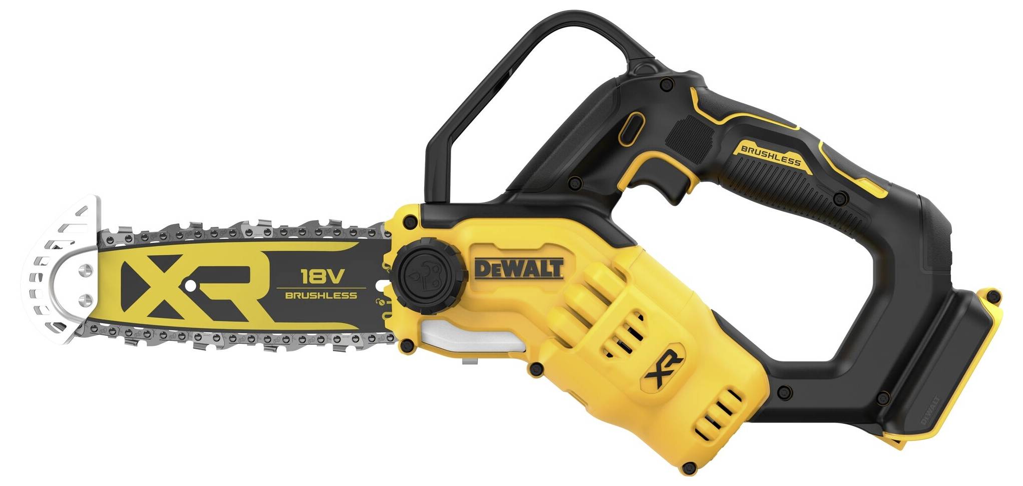 Accugevoed kettingzaag in geel en zwart, model 'DeWalt 18V XR'. Links de zaagbladgeleider met ketting, rechts de handgreep met accuaansluiting.