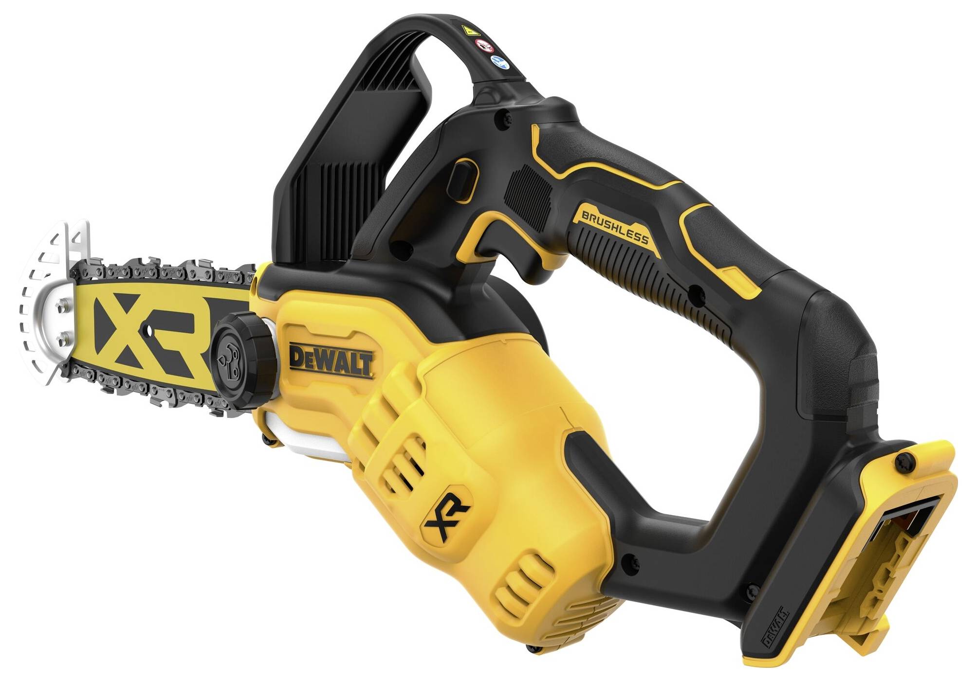 Accugedreven kettingzaag in geel en zwart, merk DeWalt, model XR. Geschikt voor precisiewerk en eenvoudige bediening.