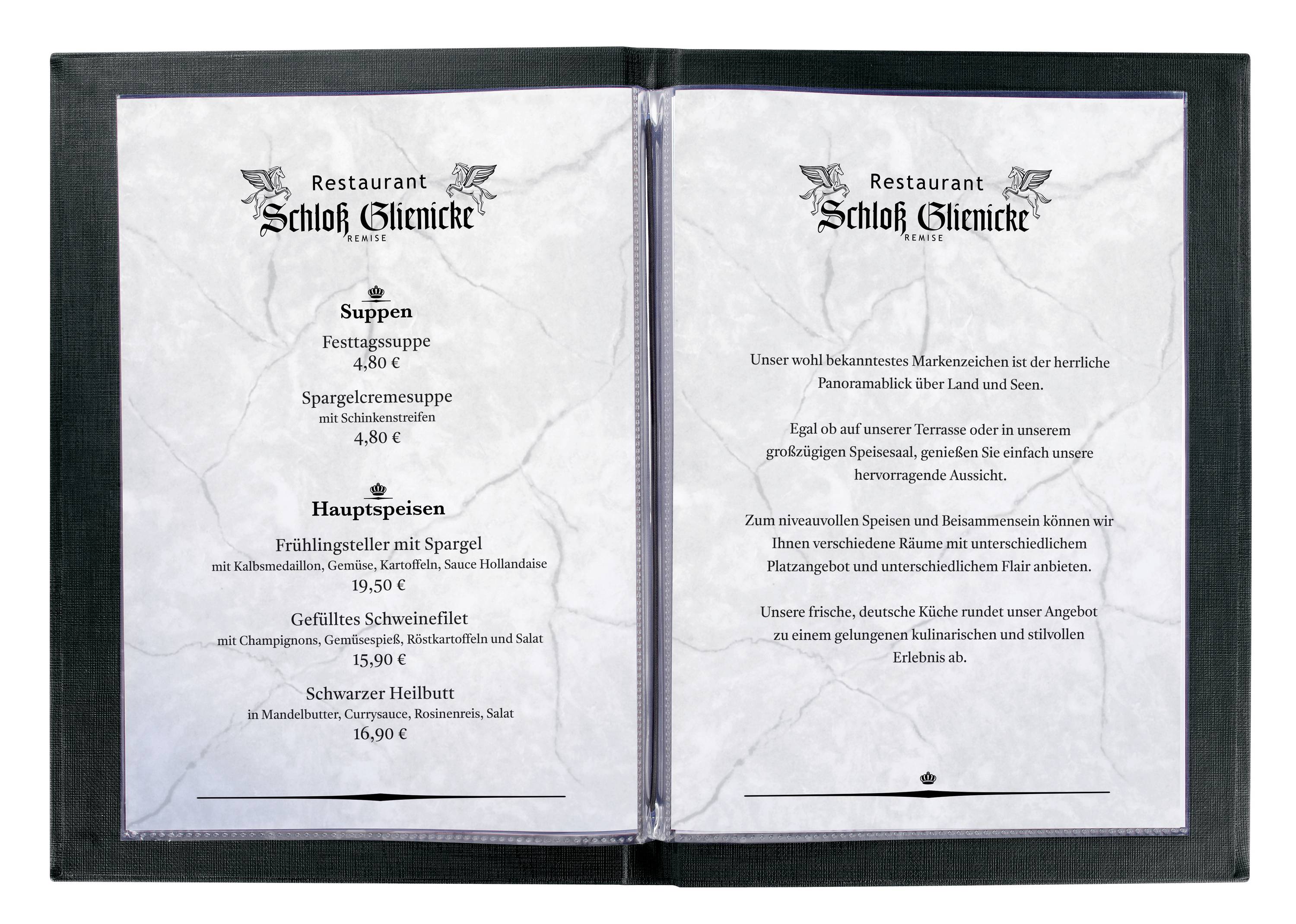 Menu van Restaurant Schloß Glienicke. Links: Soepen en hoofdgerechten zoals aspergeroomsoep en gevuld varkenshaasje. Rechts: Beschrijving van de culinaire filosofie.