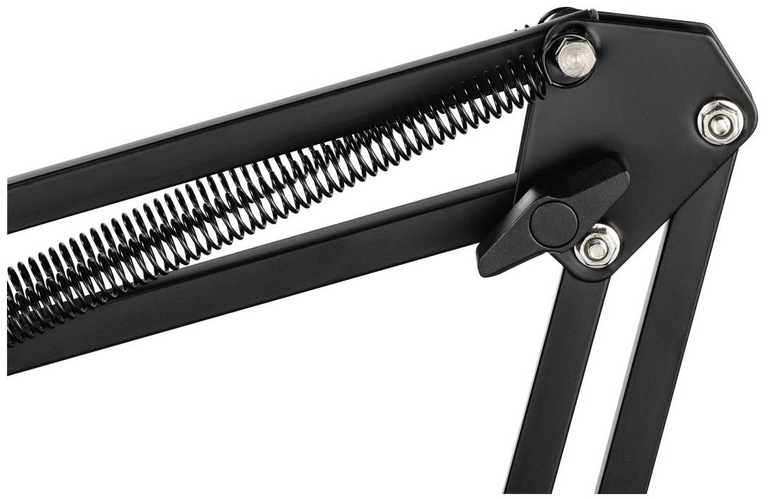 Zwarte microfoonarm met veerconstructie en gewrichten, toont de bovenste verbinding en stabiliteitselementen.