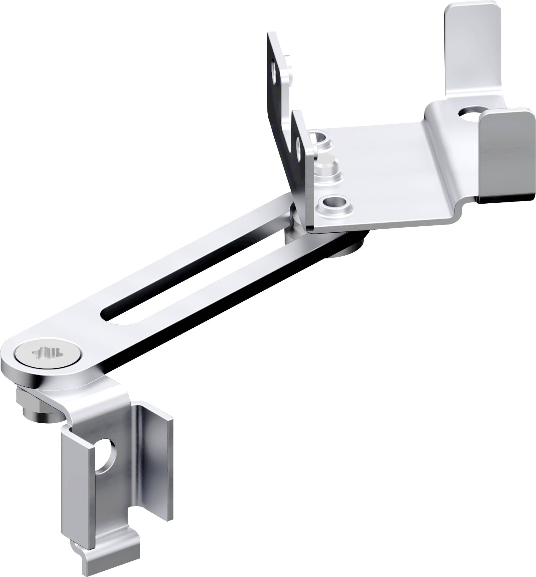 Een zilverkleurige, L-vormige metalen beugel voor het monteren van accessoires, met verstelbare schroeven en bevestigingssleuven.