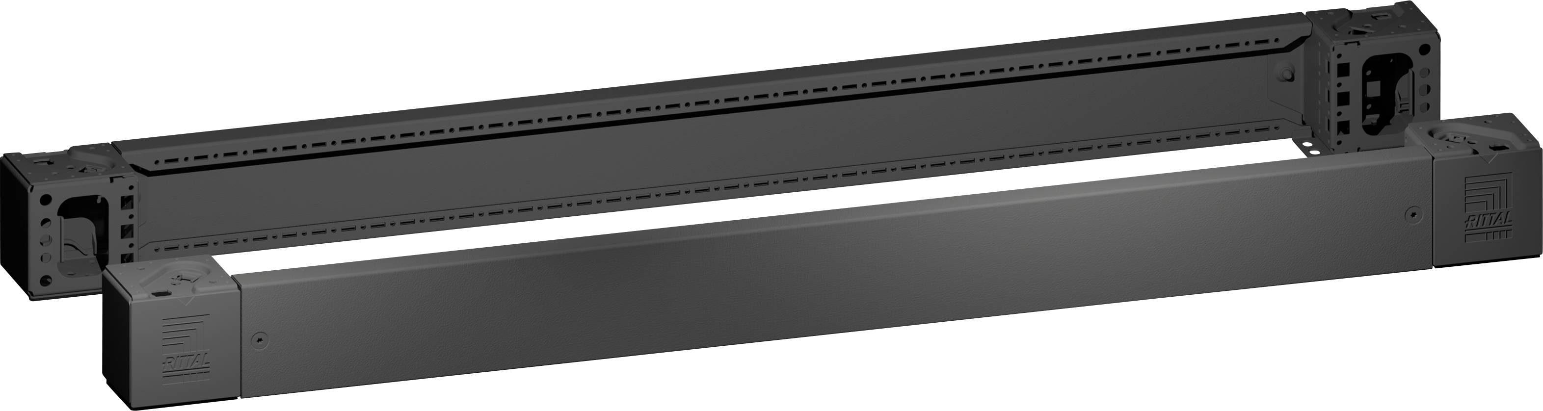 Zwart, rechthoekig rack-accessoire met meerdere bevestigingsgaten en een verwijderbare afdekking, geschikt voor technische apparatuur.