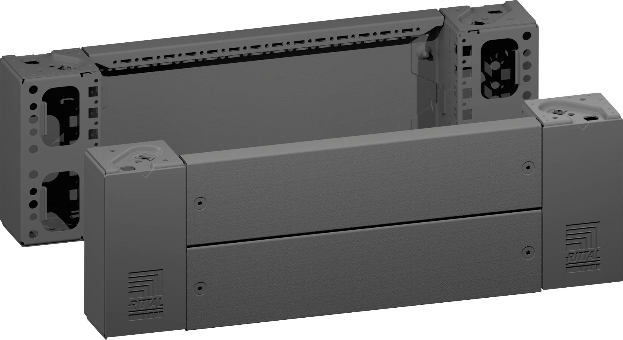 Grijze, rechthoekige montageframe met elektronische componenten. Geschikt voor schakelkast- of behuizingstoepassingen.