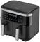 Een zwarte airfryer met digitaal display toont 200 graden Celsius en 20 minuten. Hij heeft twee aparte compartimenten met handvatten.