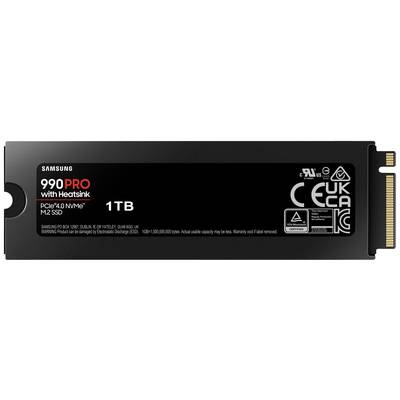'Samsung 990 PRO met Heatsink', een PCIe 4.0 NVMe M.2 SSD-schijf met 1 TB opslagcapaciteit, geschikt voor snelle gegevensoverdracht.