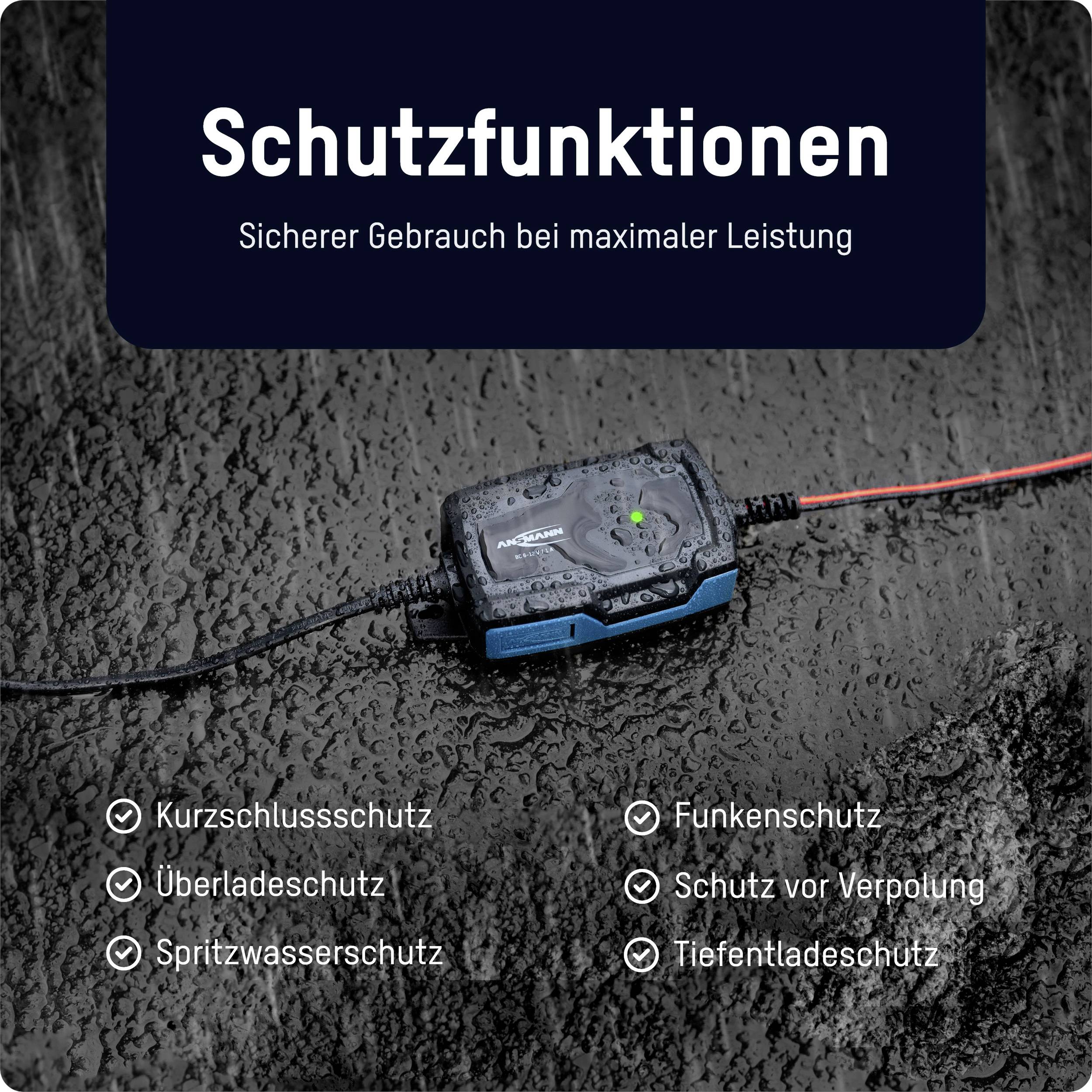 'Beschermfuncties: Veiliger gebruik, langere prestatie' op zwarte achtergrond. Functies: Kortsluitings-, laad-, spatwater-, overspanningsbeveiliging.