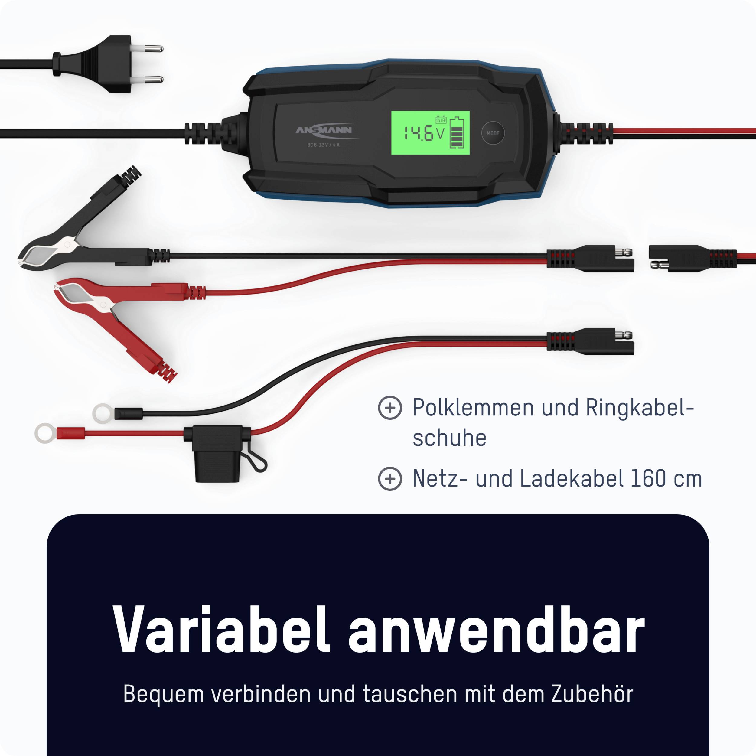 Oplader met LCD-display toont 14,6V. Bevat krokodillenklemmen en ringkabelschoenen. Tekst: 'Variabel toepasbaar'.