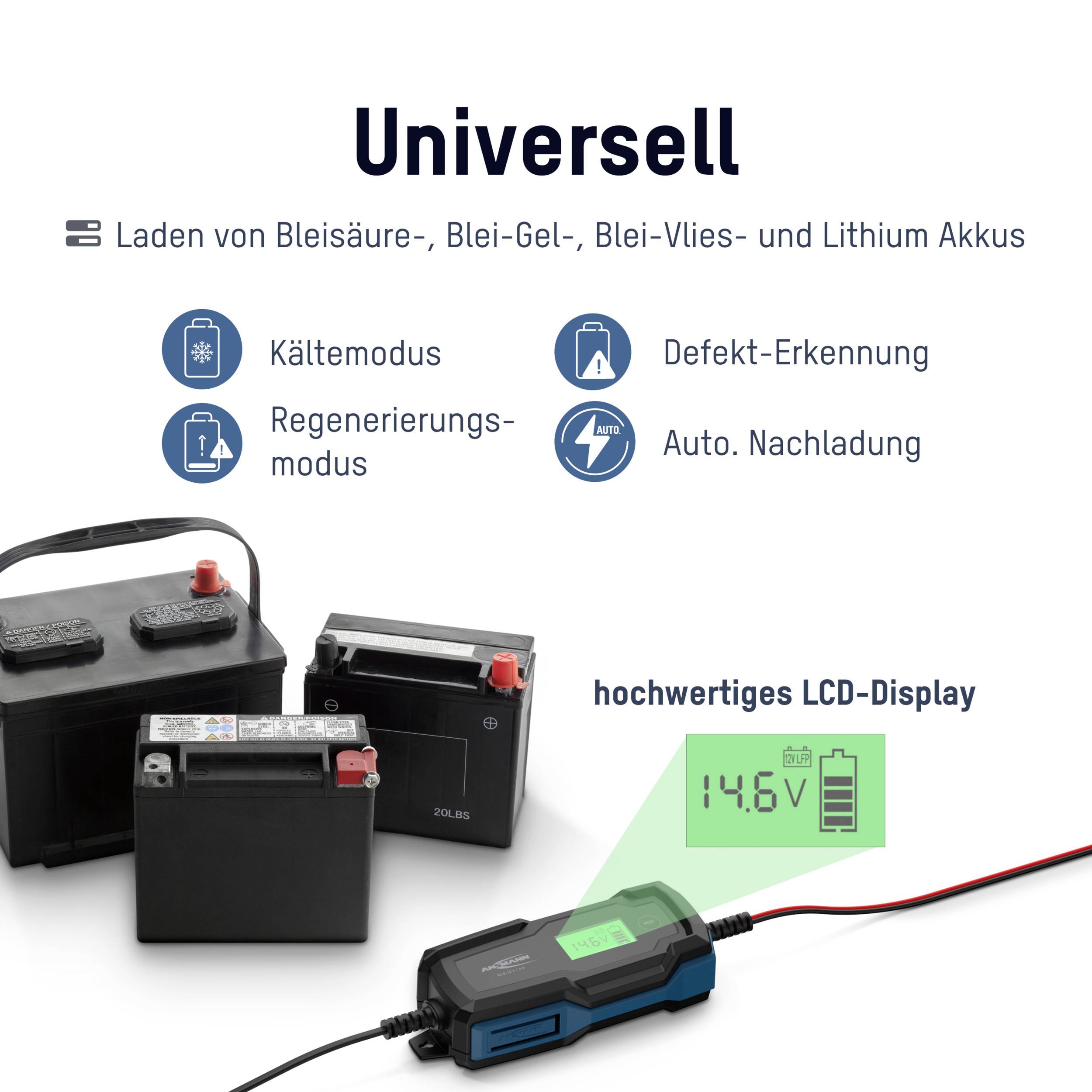 Verschillende batterijen en oplader. Functies: koudmodus, regeneratiemodus, defectdetectie, nabijlading. LCD-display toont '14.6V'.