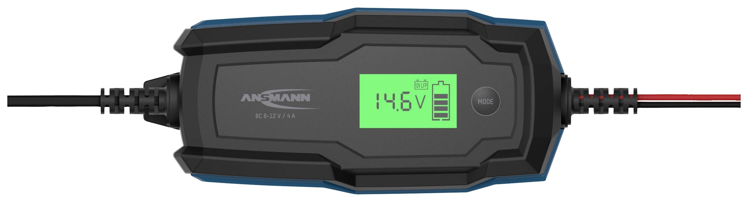 Een compacte batterijlader met display toont '14,6V' en een batterijsymbool dat het laadproces en de accustatus weergeeft.