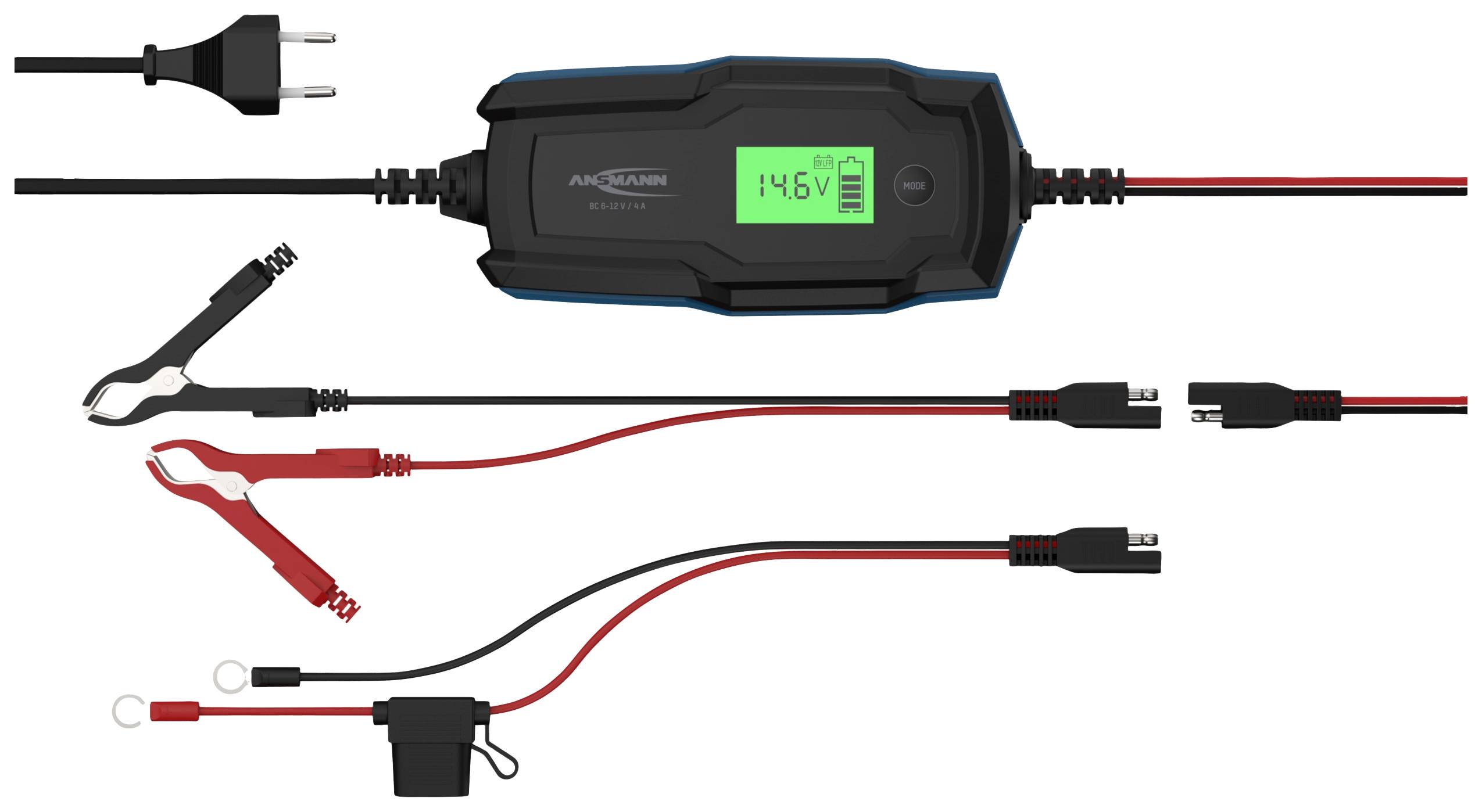 Oplader met digitale weergave van 14,6 Volt, klemmen en adapterkabels. Geschikt voor het opladen van verschillende batterijtypen.