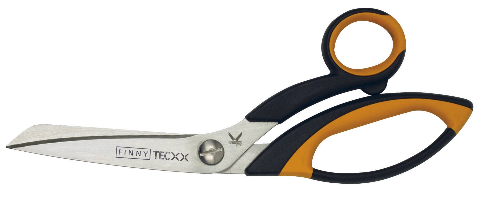 Een schaar met ergonomische handgrepen in zwart en oranje, geschikt voor precisieknipwerk. Merknaam 'FINNY TECXX' op de mes.