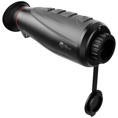Handheld warmtebeeldcamera in het zwart, met lensdeksel en ergonomisch ontwerp. Voornamelijk gebruikt voor nachtzicht.