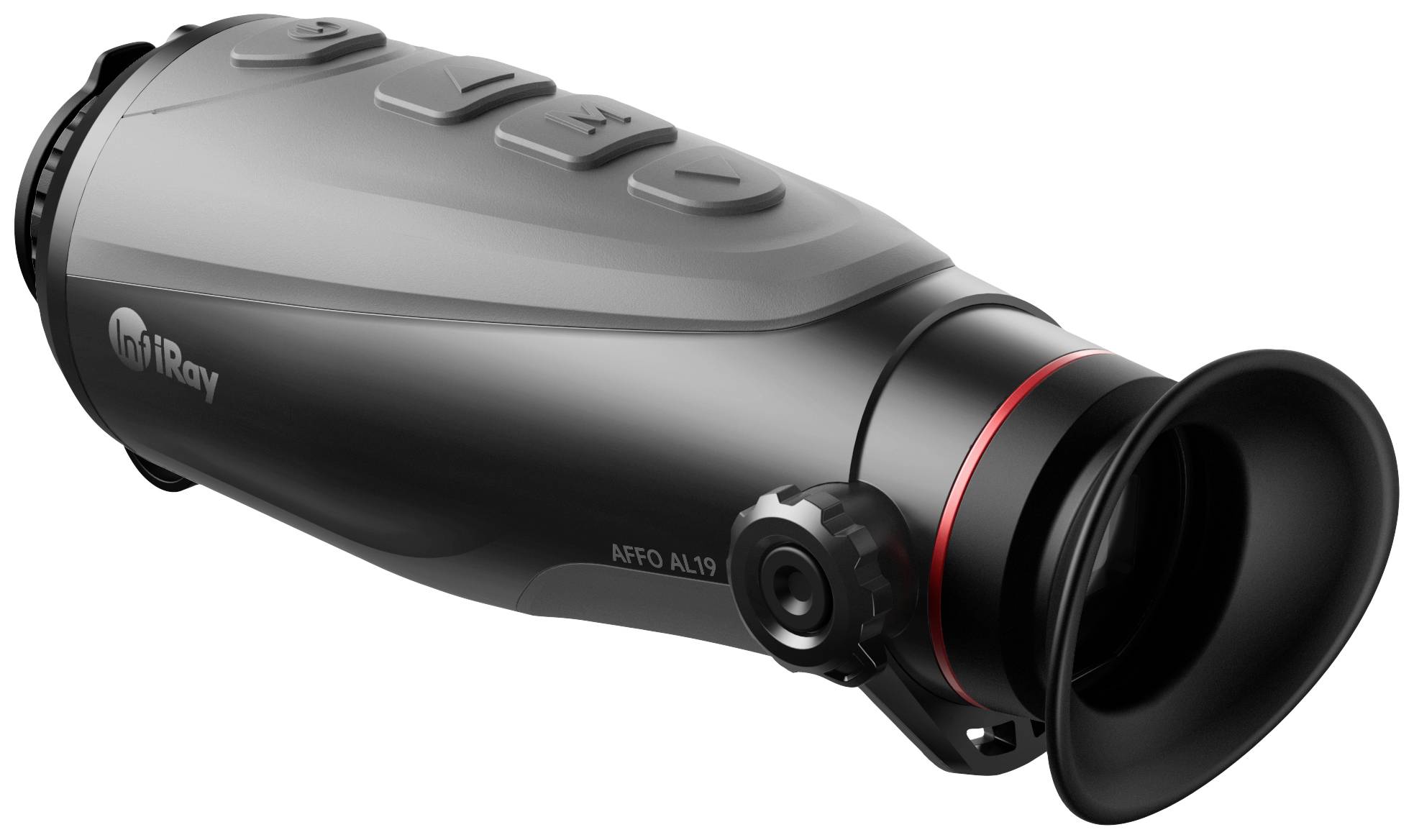 Een draagbaar warmtebeeldapparaat in grijs met een zichtbare lens en bedieningsknoppen aan de bovenkant.