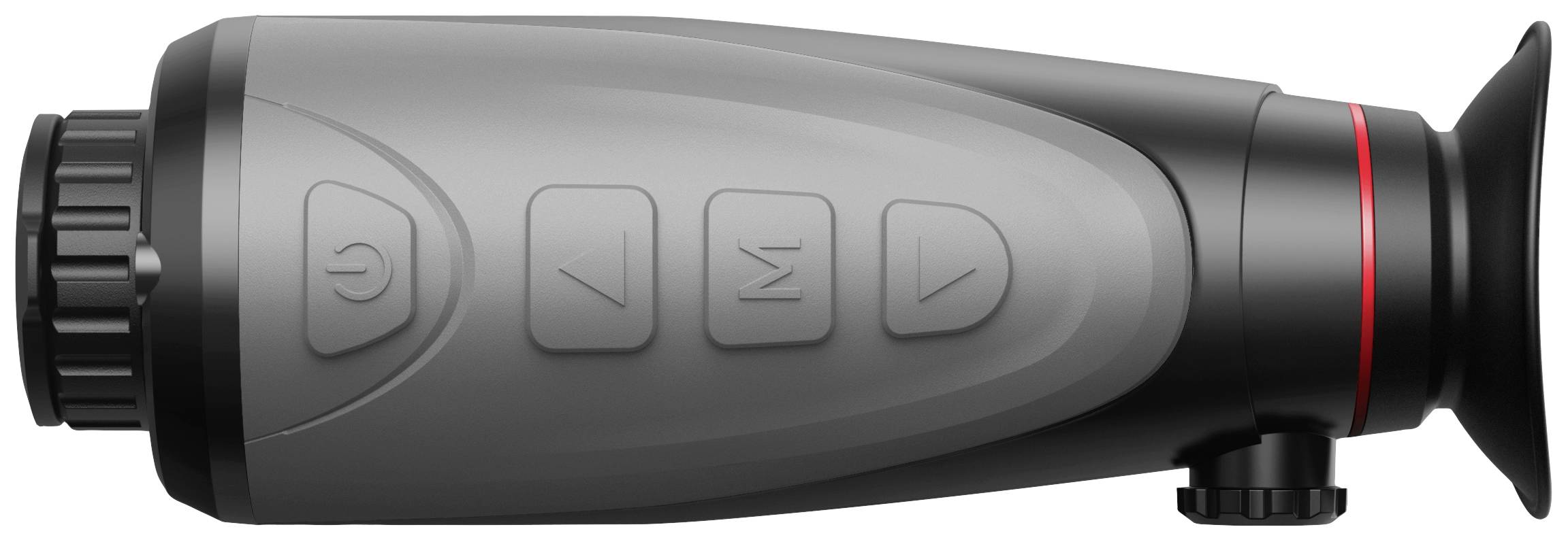 Een zijaanzicht van een zwart monoculair nachtzichtapparaat met vier knoppen en een oogschelp om gedetailleerde observaties te vergemakkelijken.