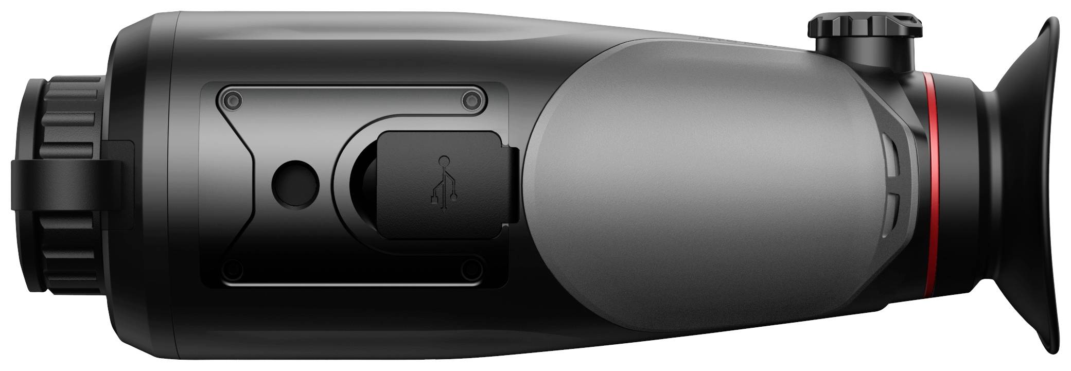 Een zwart en grijs monoculair apparaat met een USB-aansluiting aan de zijkant, geschikt voor nachtelijke dierenwaarnemingen.