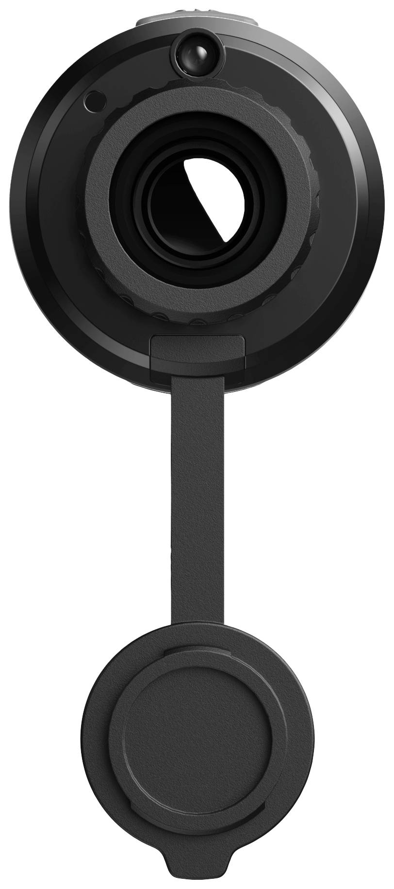 Een zwarte webcam met gesloten lensdop, gemonteerd op een zwenkarm.