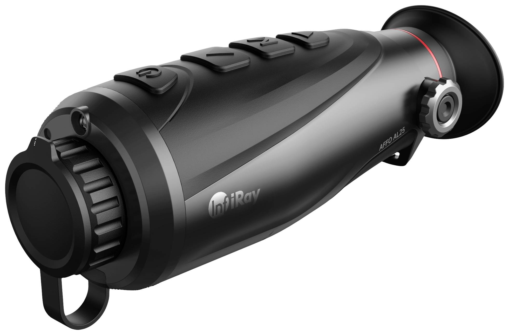 Een draagbaar warmtebeeldapparaat met meerdere knoppen en een oculair. Het is ergonomisch vormgegeven en wordt gebruikt voor observatie in het donker.