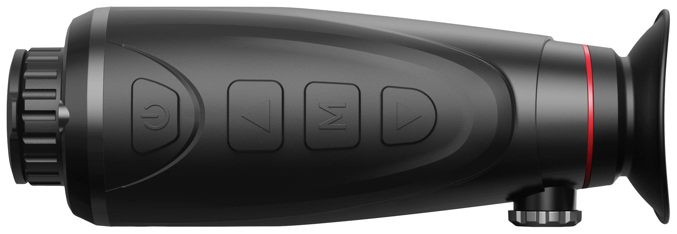 Handheld, zwart warmtebeeldapparaat met vier bedieningsknoppen aan de zijkant. Gebruikt voor nachtelijke observatie of bewaking.