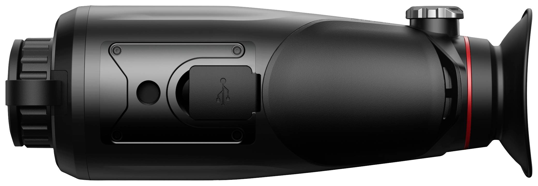 Een zwart, handmatig monoculair met een rode accent en een USB-aansluiting, zijdelings weergegeven op een witte achtergrond.