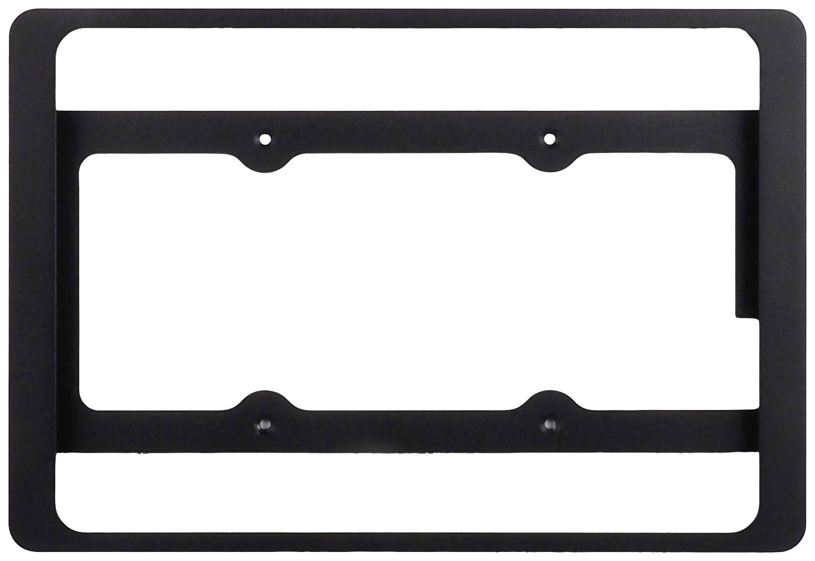 'Zwarte, rechthoekige metalen frame met afgeronde hoeken en bevestigingsgaten. Geschikt voor montage van apparaten of borden.'