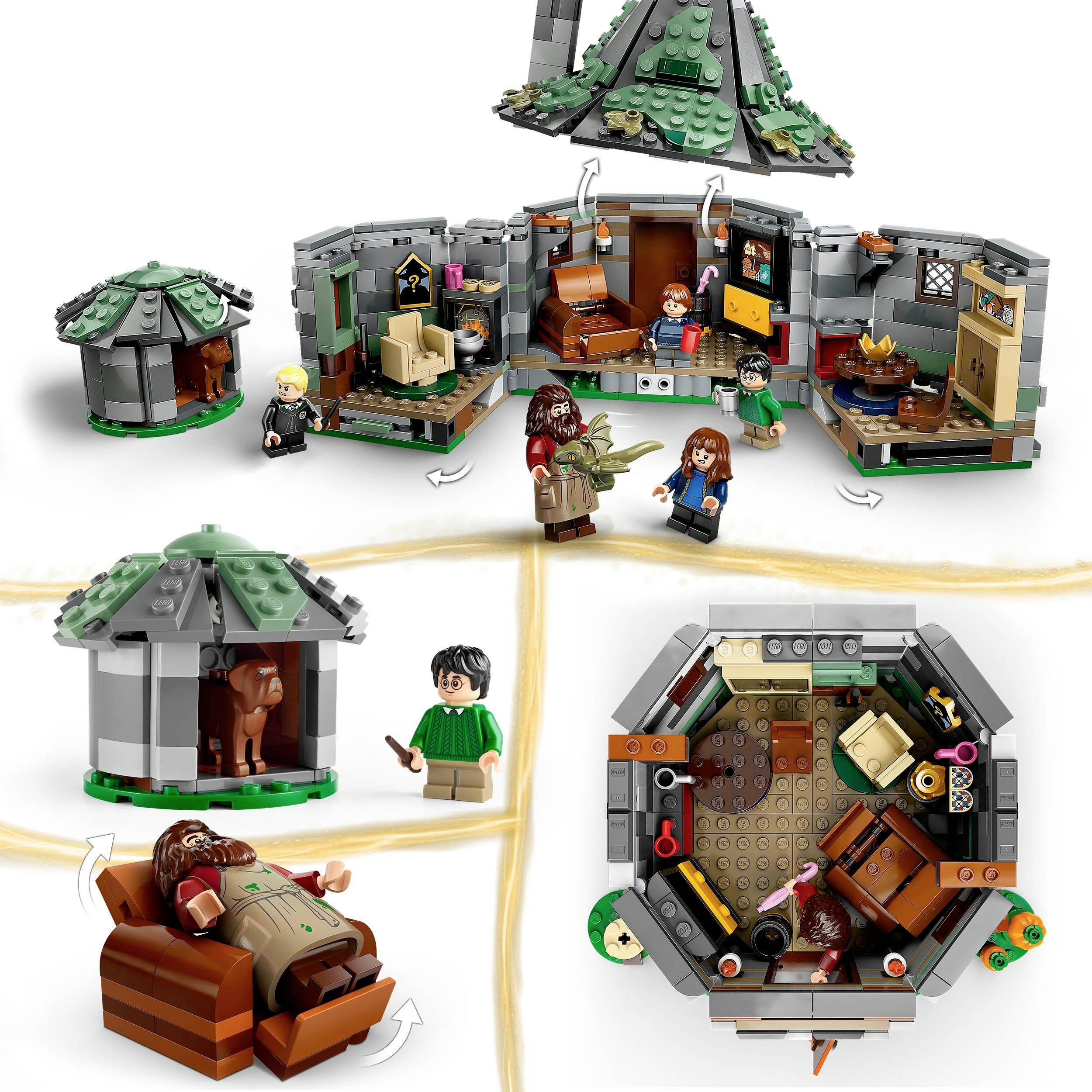 LEGO-set met hut, figuren en dieren uit een fantasieverhaal. Bevat gedetailleerde binneninrichting en accessoires.
