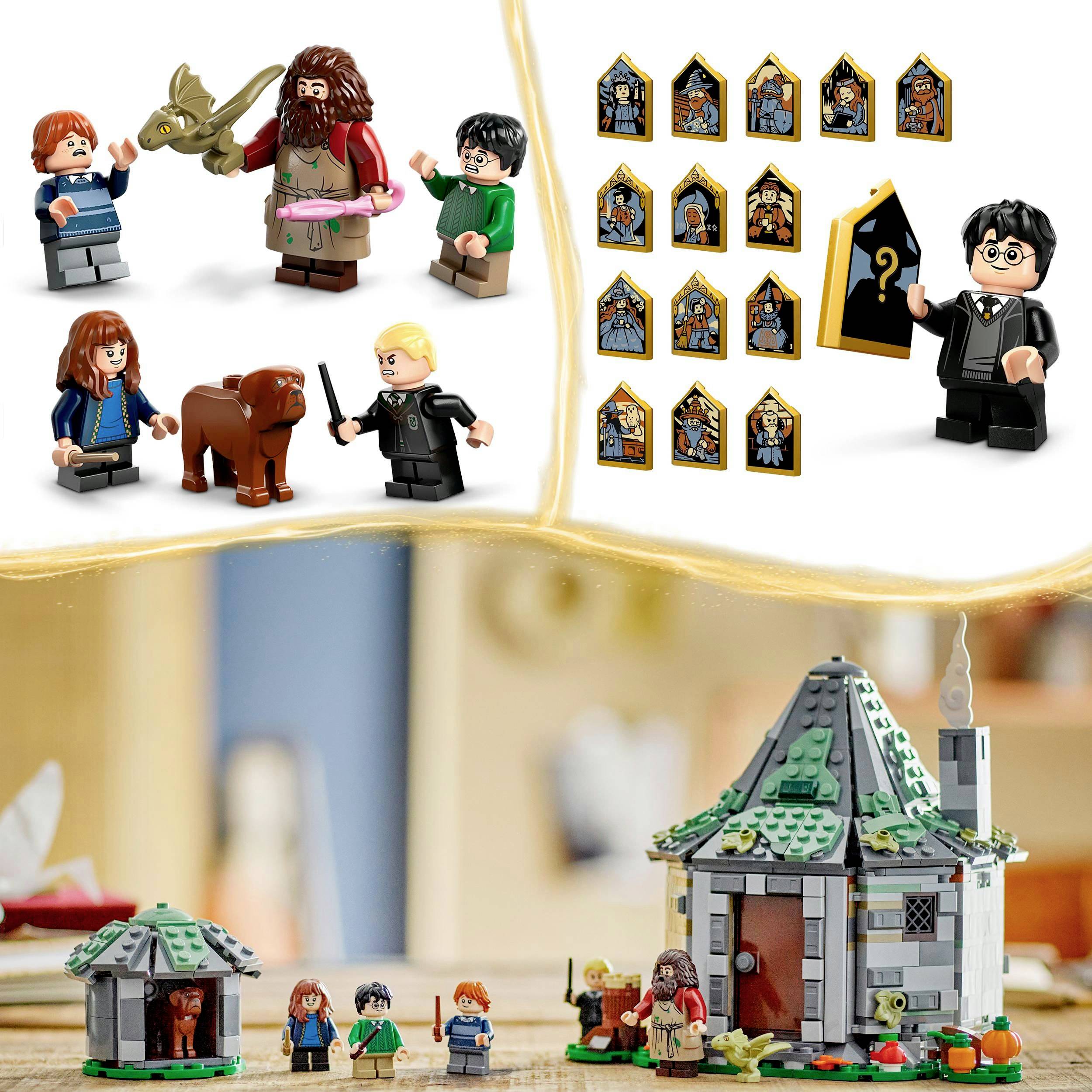 Lego-poppetjes en sets gebaseerd op een magische wereld, inclusief personages, huisdieren en een huis, weergegeven in verschillende taferelen.