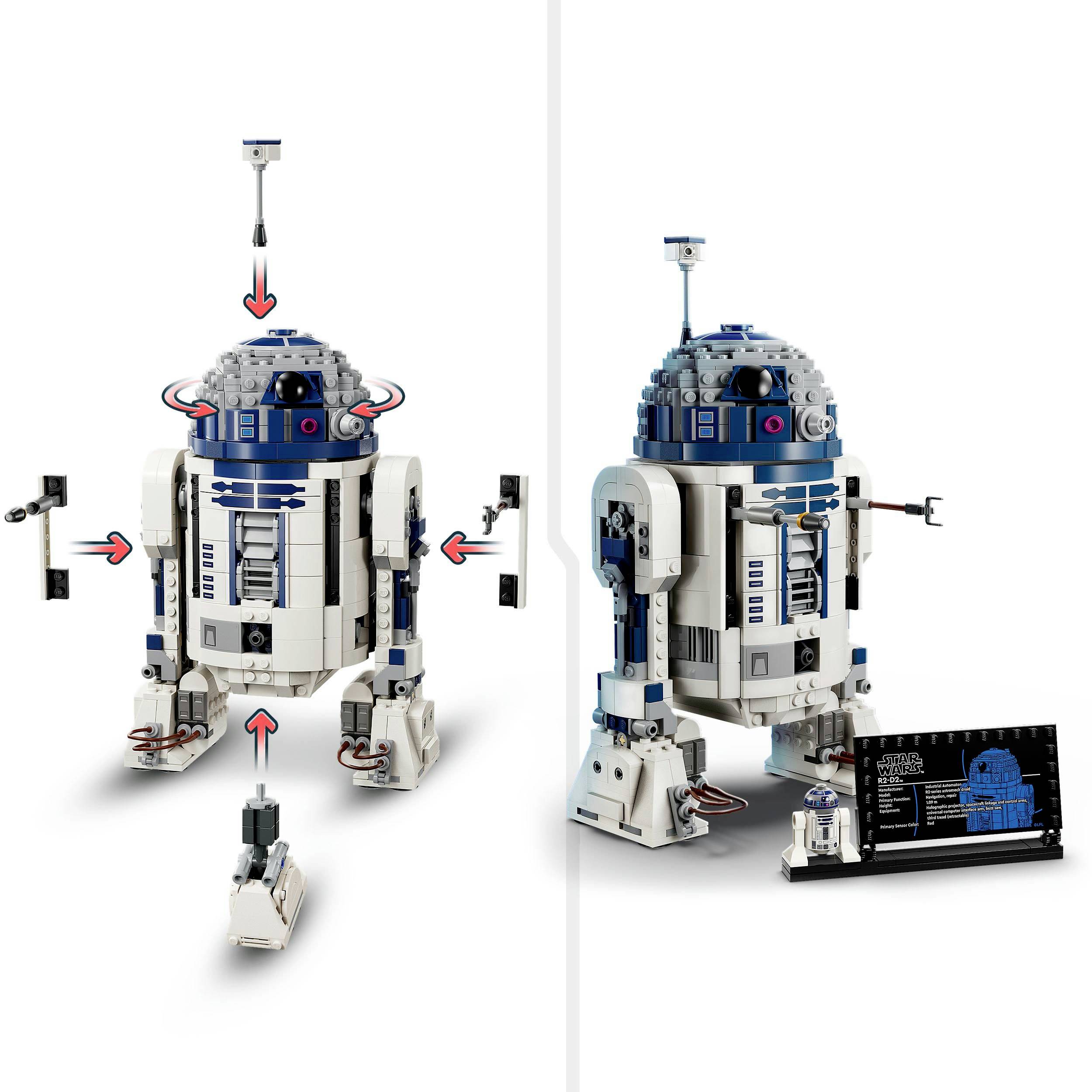 Twee LEGO-modellen van een robot met blauwe en witte details, beweegbare armen en technische componenten. Links met toebehoren, rechts op een standaard met infobord.