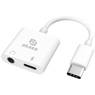 Witte USB-C-adapter van Akasa met hoofdtelefoon- en USB-C-aansluiting, geschikt voor het aansluiten van audioapparatuur op moderne apparaten.