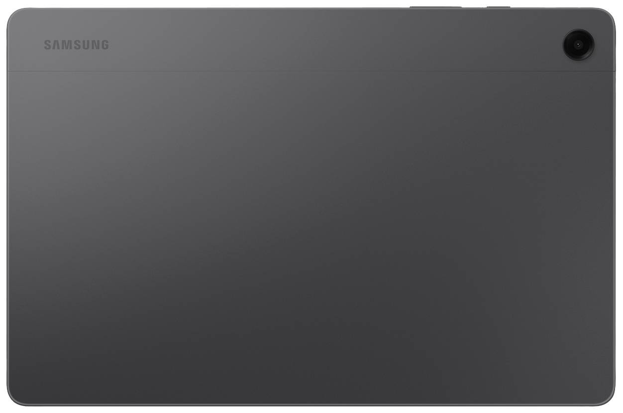 Een donkergrijs tablet-apparaat, model Samsung Galaxy Tab A9, met een camera in de rechterbovenhoek aan de achterkant.